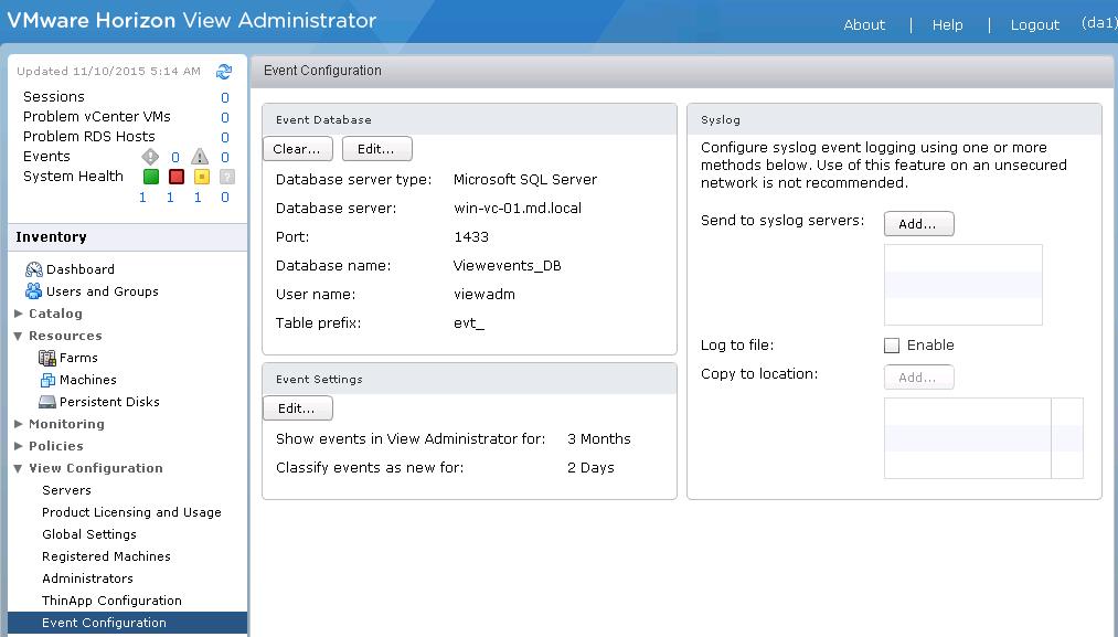 Configuring Horizon view Event database_5-min