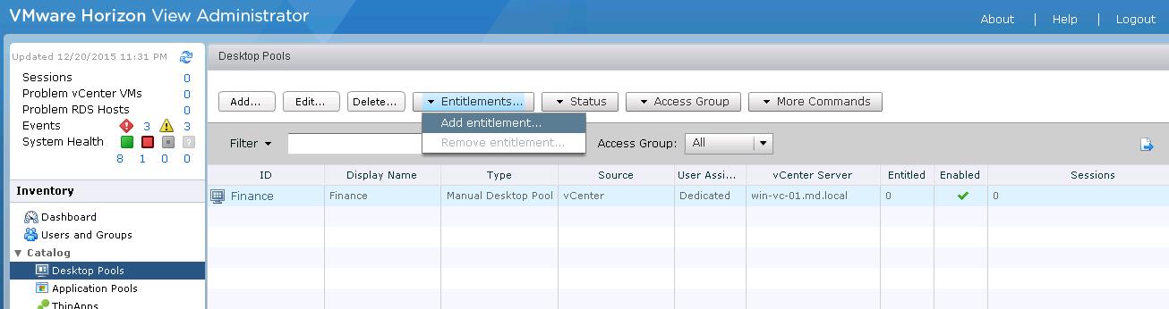 VMware View Desktop pool Entitlement