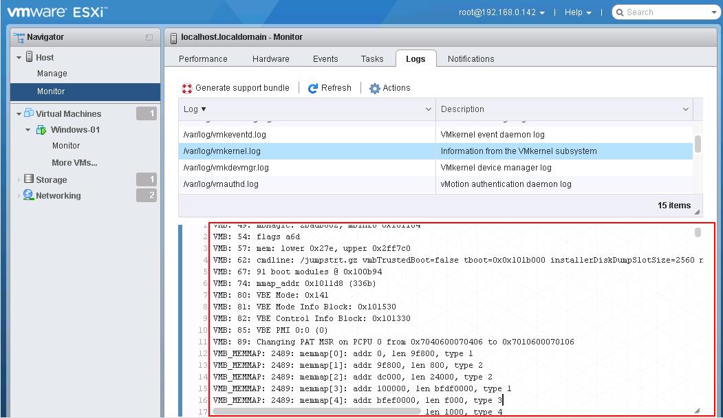 Vmware Host Client -read logs