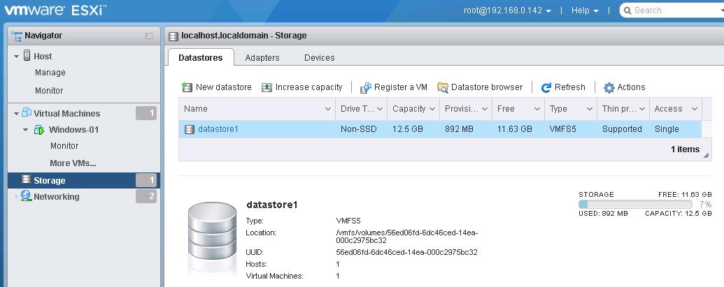 VMware Host Client -Storage view