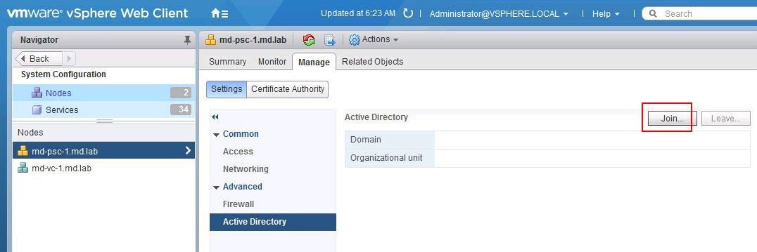 Join VCSA 6.5 to Active Directory Domain