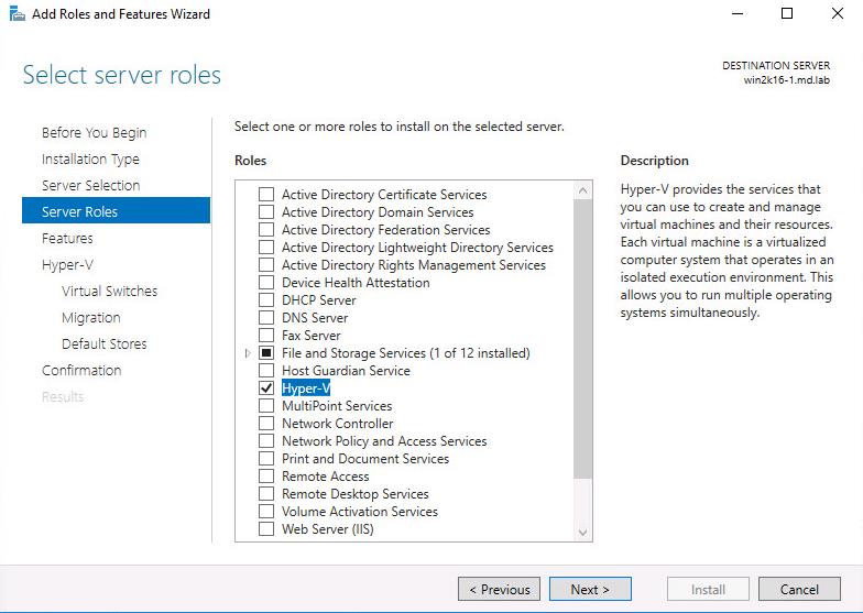 Install Hyper-V role in Windows Server 2016