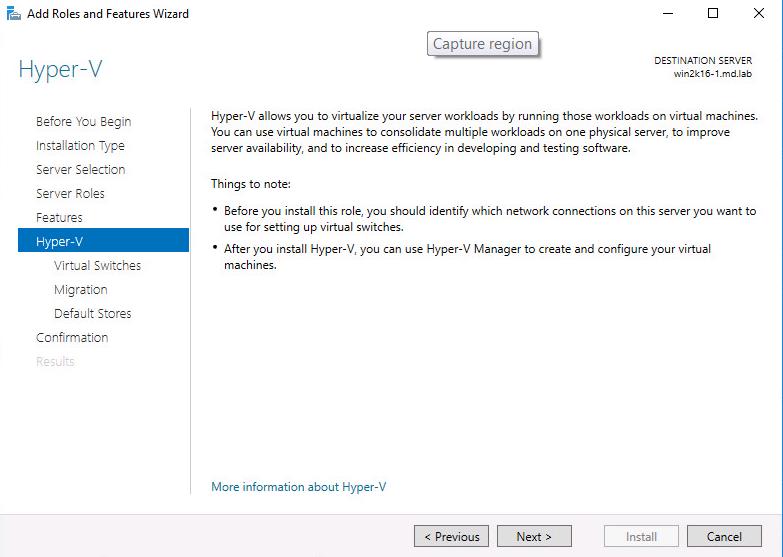 Install Hyper-V role in Windows Server 2016