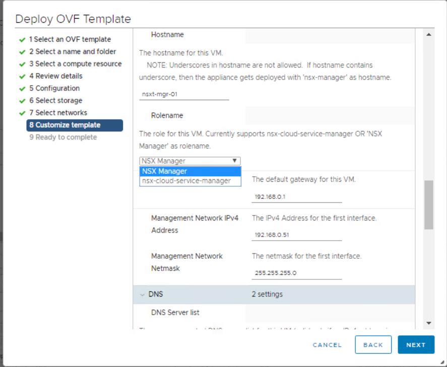 IP settings for NSX-T manager