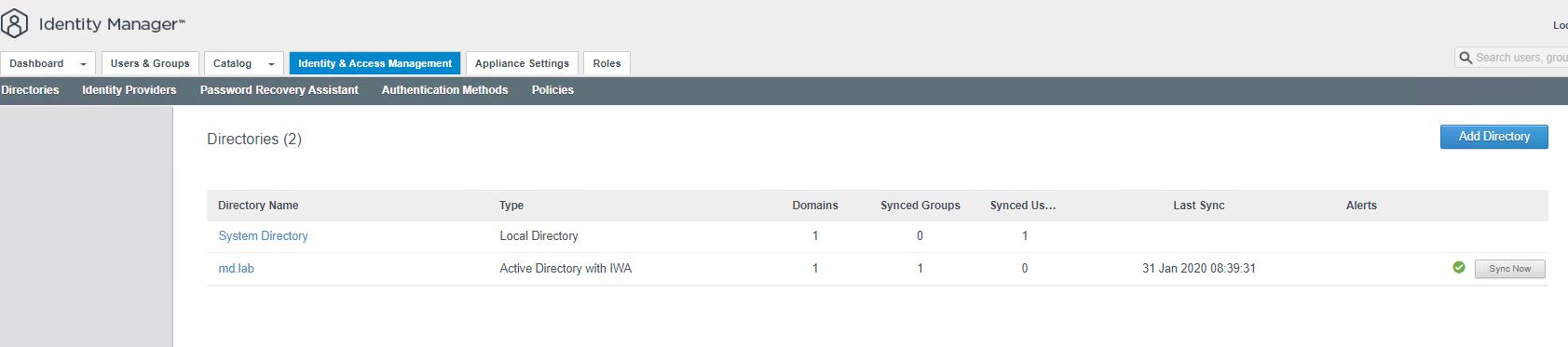 Add Active Directory Server to VIDM - Sync