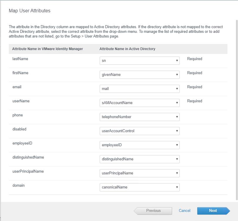 Add Active Directory Server to VIDM - user Attributes