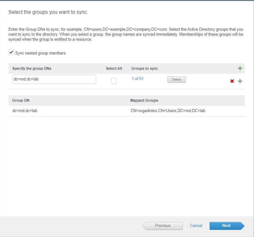 Add Active Directory Server to VIDM - Groups to sync