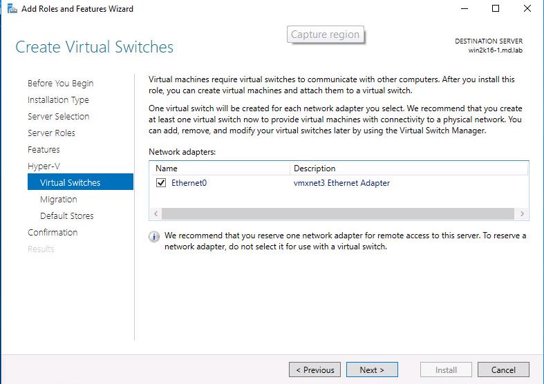 Install Hyper-V role in Windows Server 2016