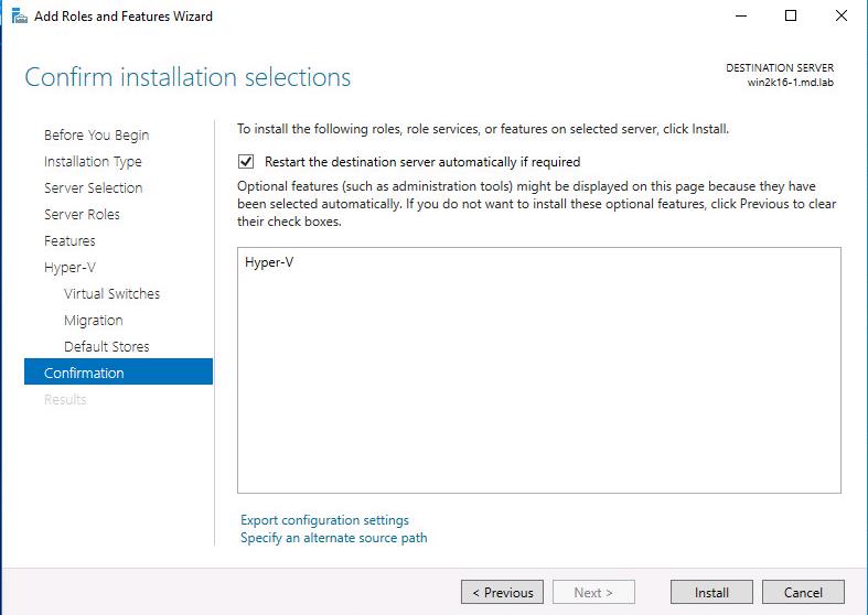 Install Hyper-V role in Windows Server 2016