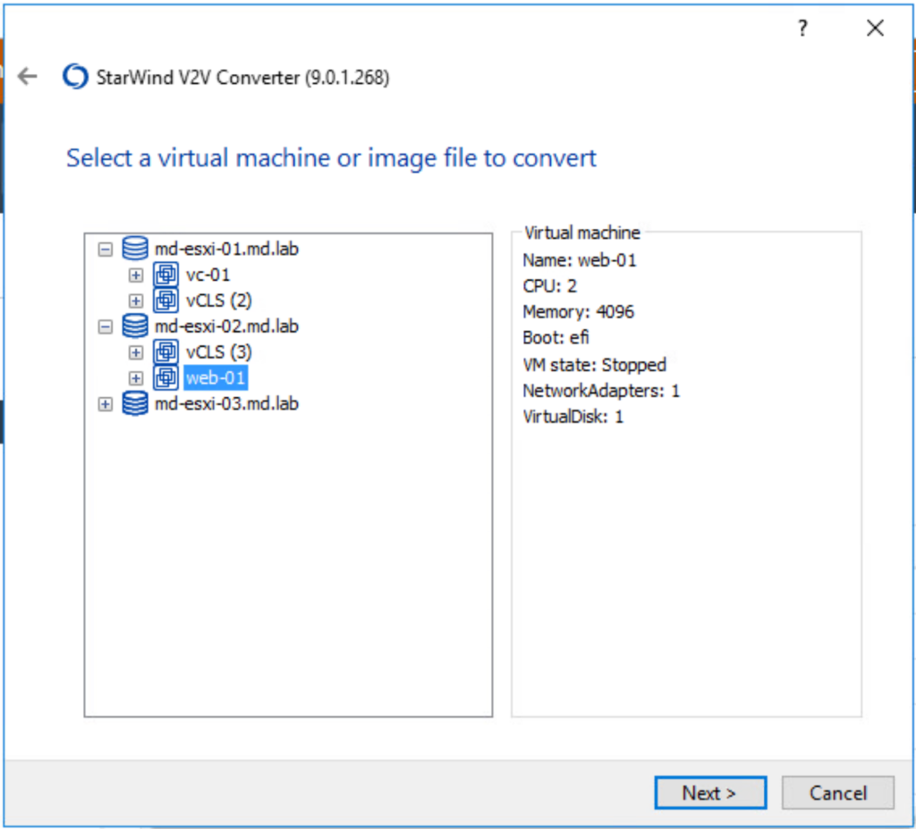 Starwind V2V Converter -Select VM image