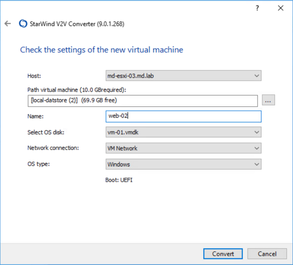 tarwind V2V Converter - VM settings