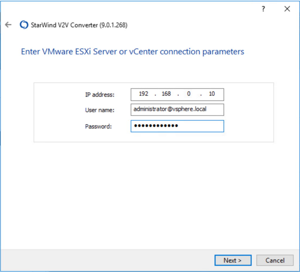 Starwind V2V Converter -destination esxi