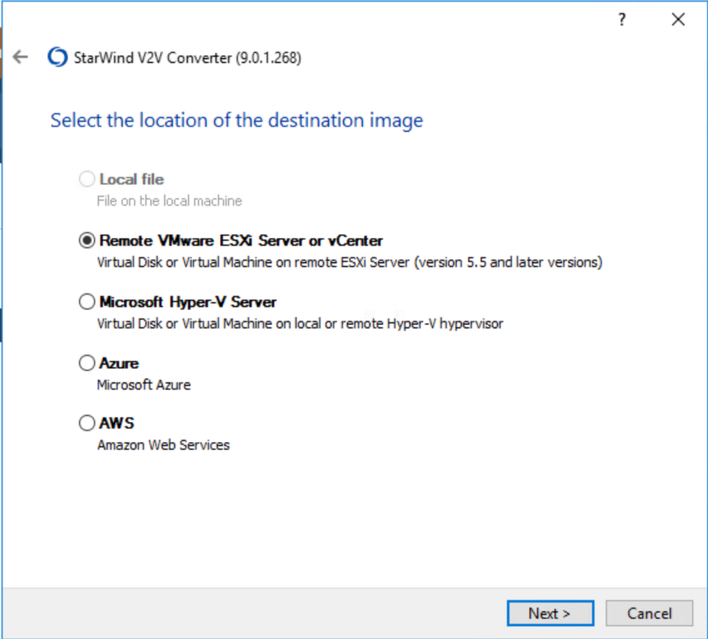 Starwind V2V Converter -destination location