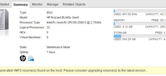 Deprecated VMFS Volumes found on host in ESXi 6.0