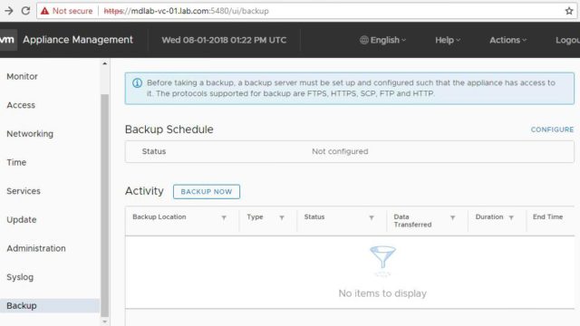 Schedule VCSA 6.7 backup